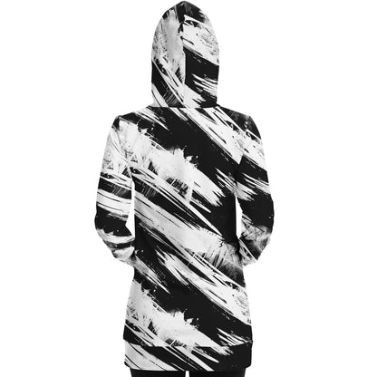 Fashion Longline Hoodie - #high-contrast#dynamic#graphic-design#expressive#gestural-abstraction#grunge#abstract#texture#black-and-white#brush-strokes