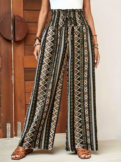 Women's Bohemian Style Wide Leg Pants - Ethnic Print, Beige & Black Color Scheme, Tie Waist, Perfect for Vacation, Leisure, and Weekend Wear