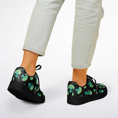 Core Top Shoes, Alien Skull Sneakers, Green & Blue Skull Low Tops, Unique Sci-Fi Streetwear Custom Design