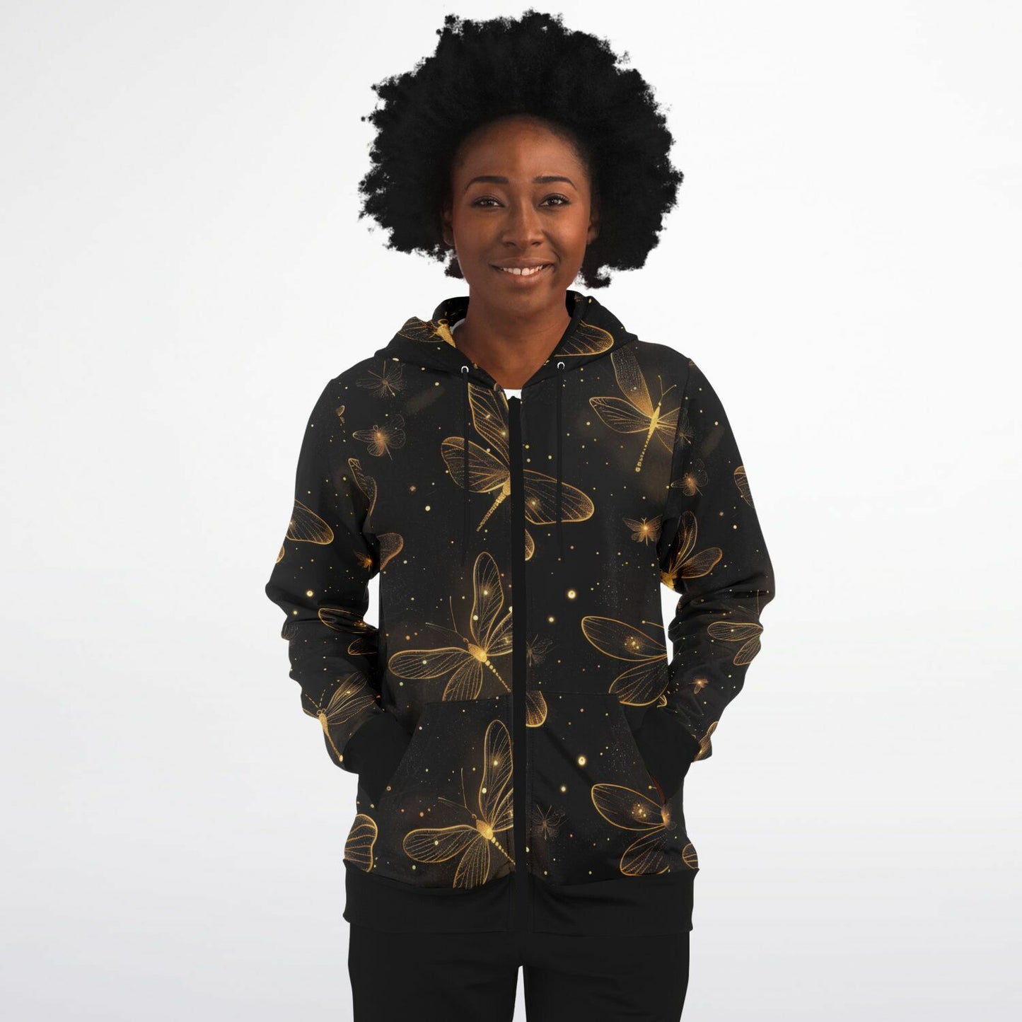 Golden Dragonfly Zip-Up Hoodie – Shimmering Night Sky All Over Print with Magical Ethereal Design | One of a Kind | Unique