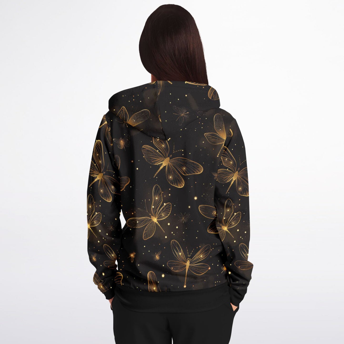 Golden Dragonfly Zip-Up Hoodie – Shimmering Night Sky All Over Print with Magical Ethereal Design | One of a Kind | Unique