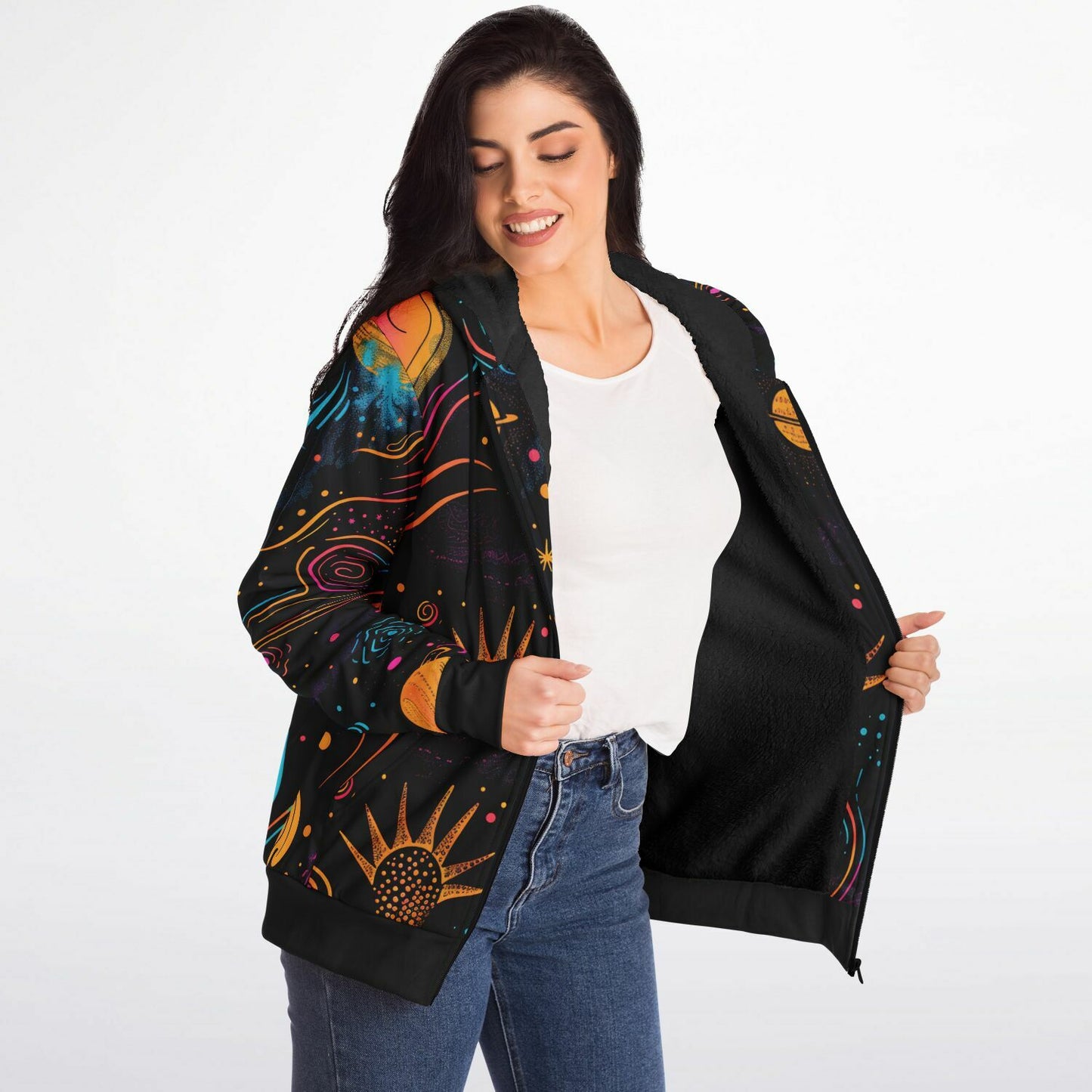 Custom Design Zip Hoodie, Cosmic Psychedelic Sweatshirt, Vibrant Celestial Planets & Stars Zip Up