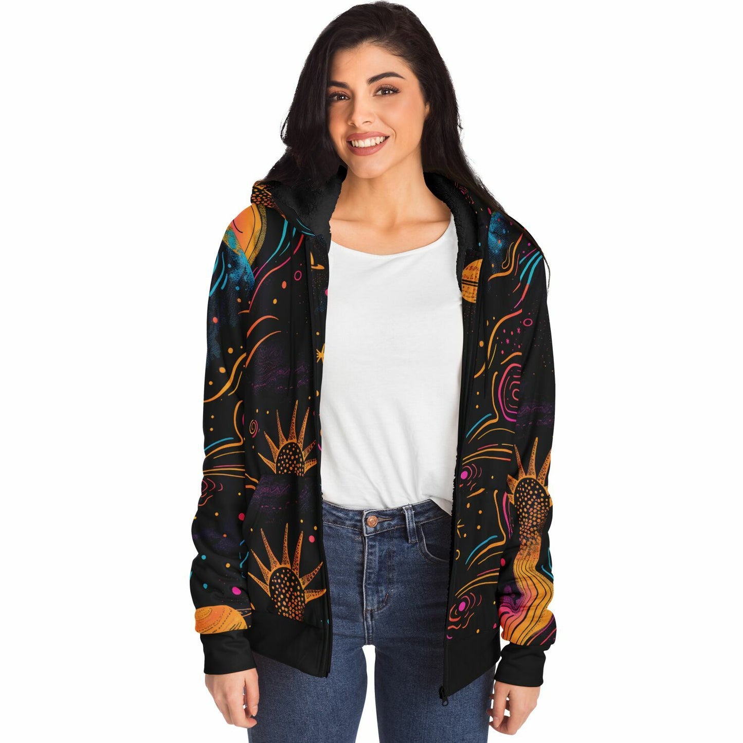 Custom Design Zip Hoodie, Cosmic Psychedelic Sweatshirt, Vibrant Celestial Planets & Stars Zip Up