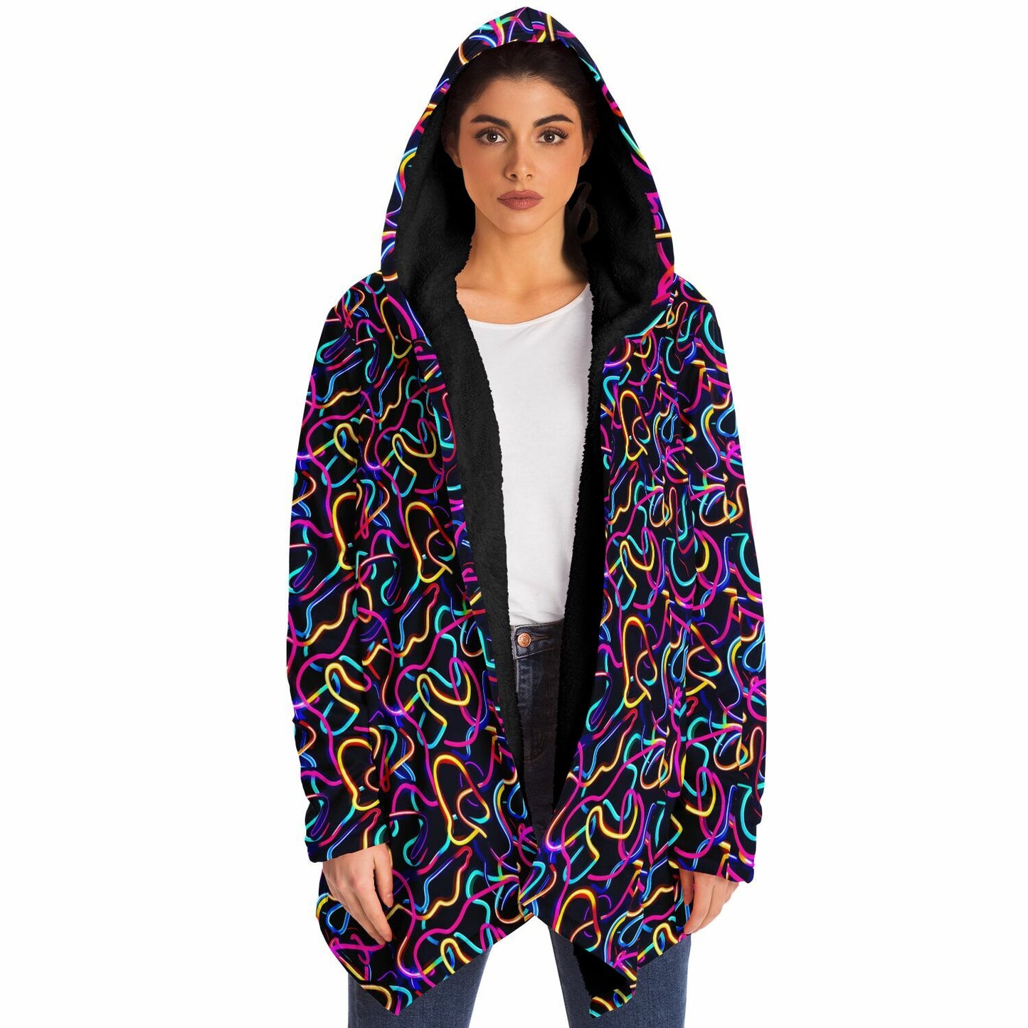 Microfleece Cloak – Neon Abstract Hooded Wrap, Glowing Digital Art Lines