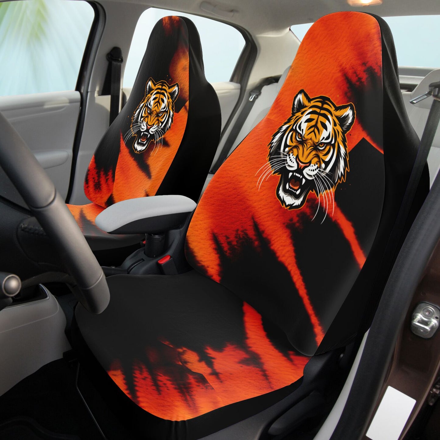 Black & Orange Bengal Car Seat Covers, Animal Print Auto Seat Protectors, Stylish Tiger Stripe Covers