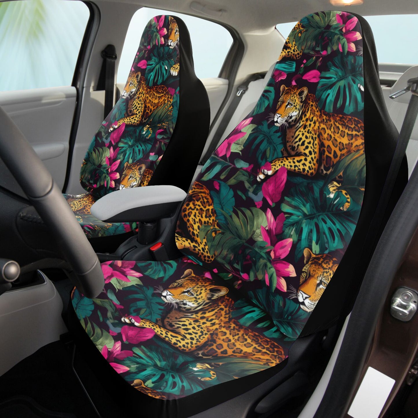 Tropical Animal Print Car Seat Cover – Summer Leopard & Cheetah Jungle Leaves Design