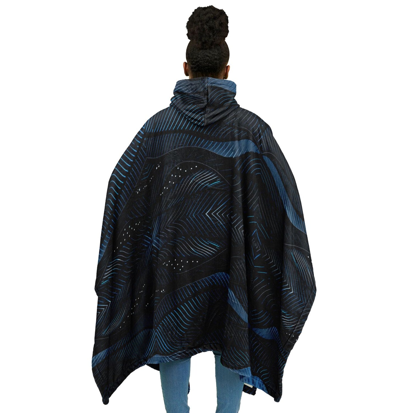 Flannel Blanket Poncho – Abstract Blue Wave Art, Modern Cozy Wrap with Flow & Depth