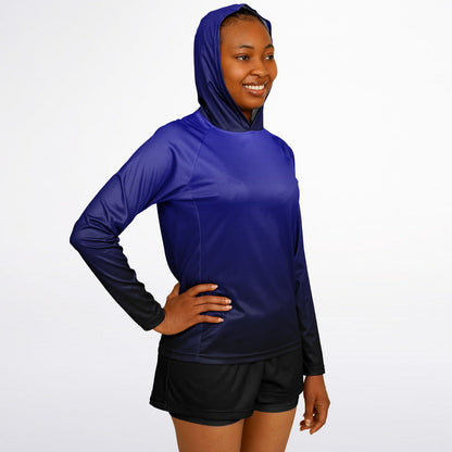 Blue & Black Gradient Women's Long Sleeve Hooded Performance Shirt