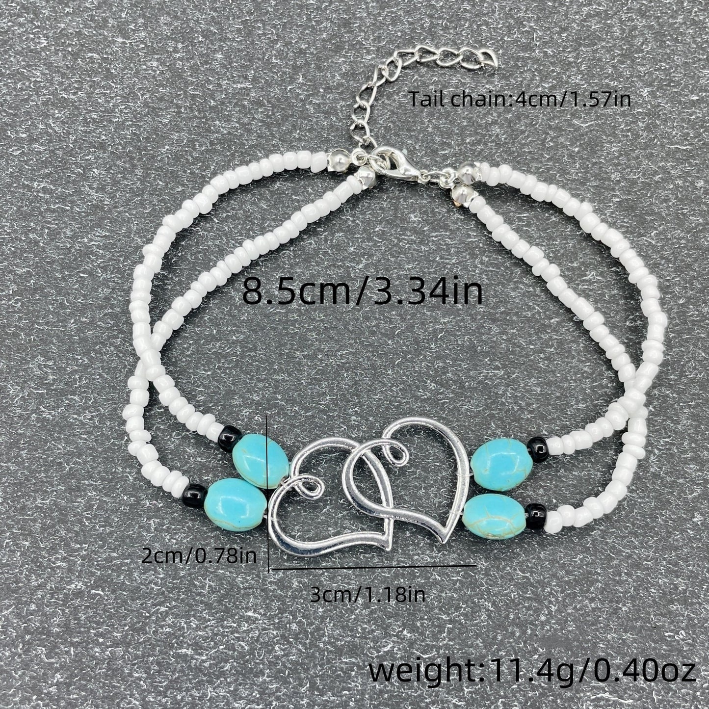 Bohemian Beach Beaded Feet Chain, Double Layer Heart Shaped Beaded Anklet