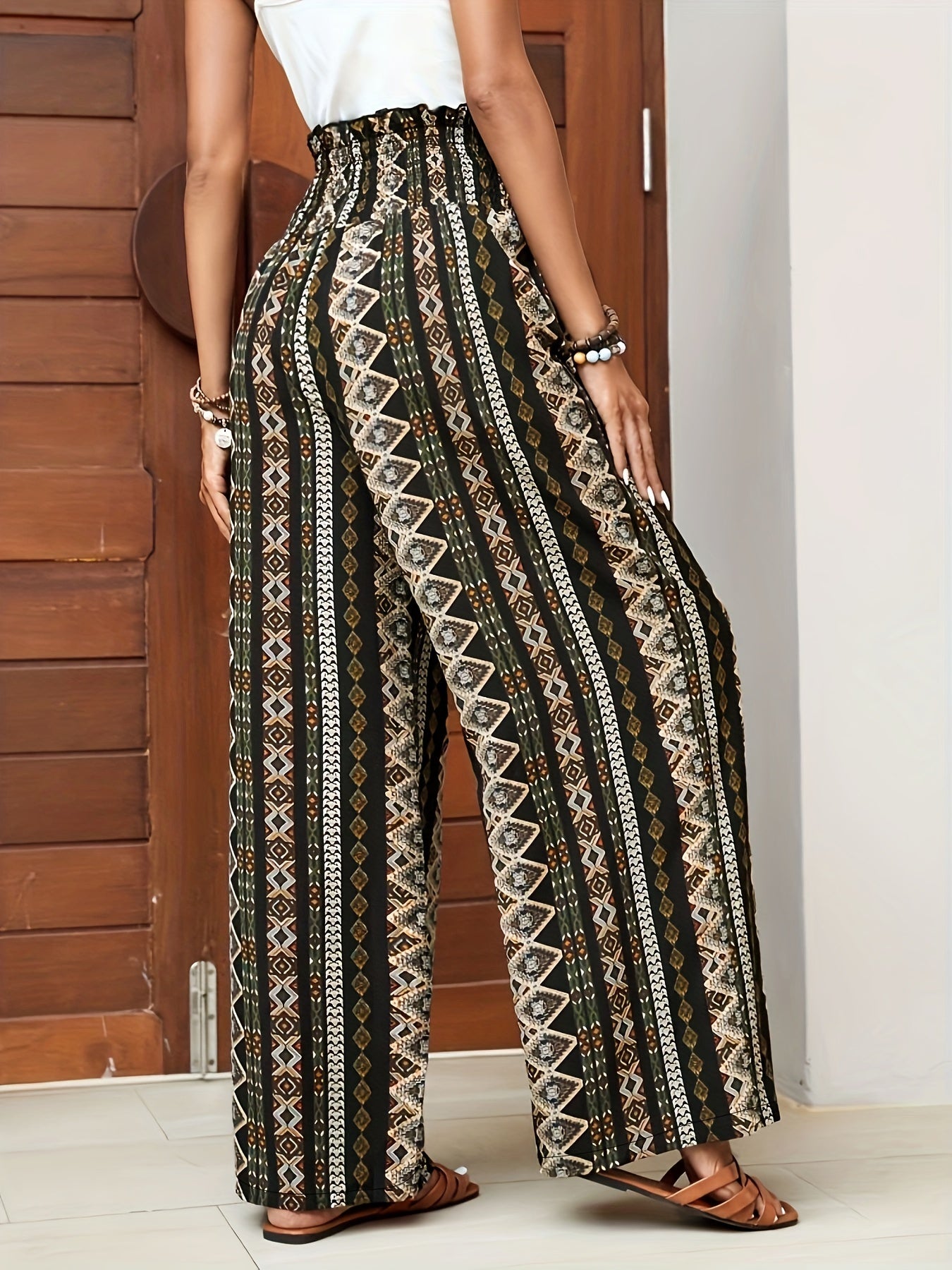 Women's Bohemian Style Wide Leg Pants - Ethnic Print, Beige & Black Color Scheme, Tie Waist, Perfect for Vacation, Leisure, and Weekend Wear