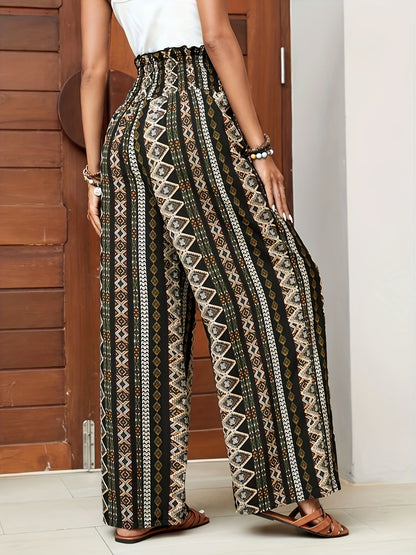 Women's Bohemian Style Wide Leg Pants - Ethnic Print, Beige & Black Color Scheme, Tie Waist, Perfect for Vacation, Leisure, and Weekend Wear