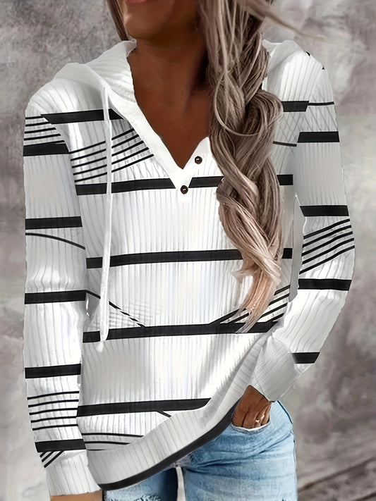 Stylish Stripe Print Womens Hoodie - Comfy Drawstring Hood & Button Front - Long Sleeve Casual Wear