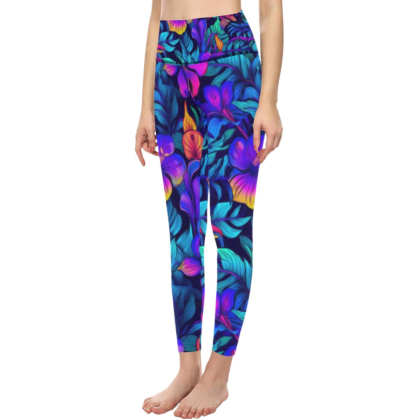 Women's High-Waisted Leggings Neon Tropical Flowers & Leaves