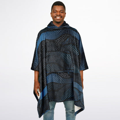 Flannel Blanket Poncho – Abstract Blue Wave Art, Modern Cozy Wrap with Flow & Depth