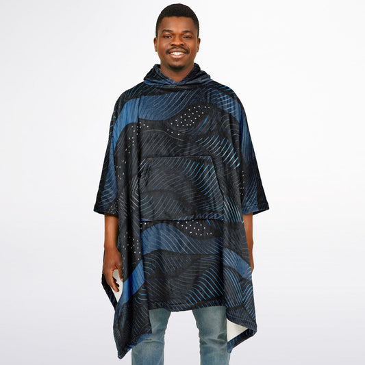 Flannel Blanket Poncho – Abstract Blue Wave Art, Modern Cozy Wrap with Flow & Depth