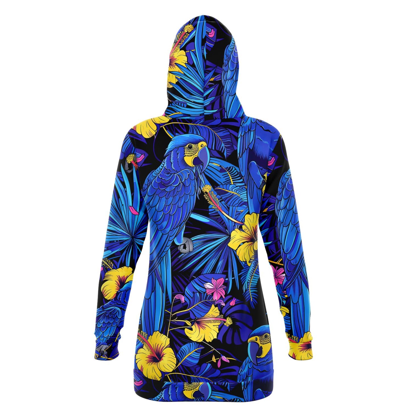 Fashion Longline Hoodie #colorful #vibrant #nature #macaws #foliage #exotic #floral #tropical #parrots #palm-leaves #wildlife #jungle #fashion #illustration #flowers #hibiscus