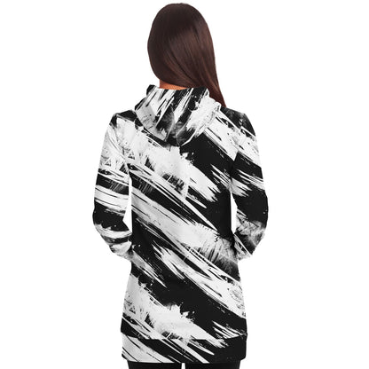 Fashion Longline Hoodie - #high-contrast#dynamic#graphic-design#expressive#gestural-abstraction#grunge#abstract#texture#black-and-white#brush-strokes