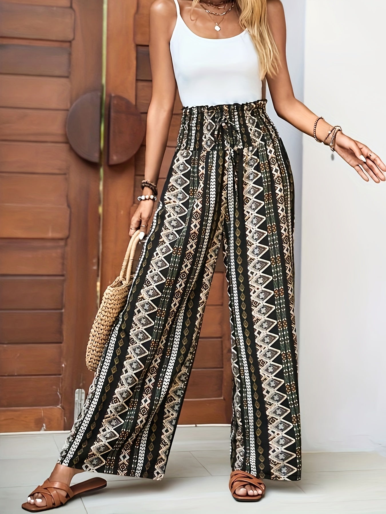 Women's Bohemian Style Wide Leg Pants - Ethnic Print, Beige & Black Color Scheme, Tie Waist, Perfect for Vacation, Leisure, and Weekend Wear