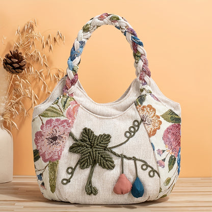 Bohemian Style Handmade Flower Tote Bag - Foldable, Zipper Closure, Fixed Shoulder Strap, Wristlet Included, Perfect for Vacation