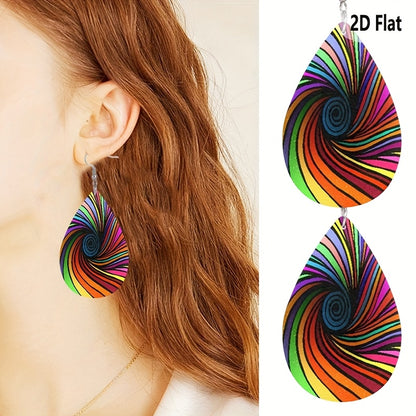 Bohemian Style Colorful Vortex Women'S Earrings with Dizzying Design and Faux Leather Pendant, 2D Flat