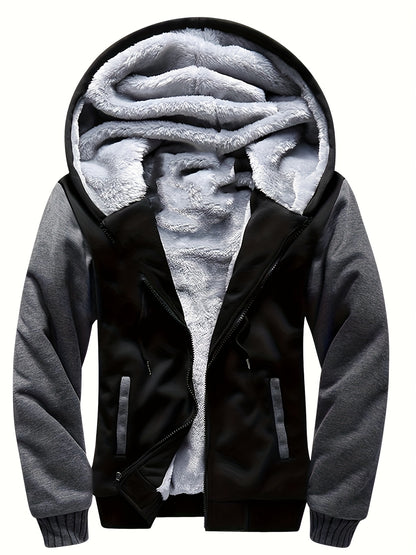 Men's Winter Hoodie: Contrast Colors Fleece Jacket, Cotton Blend, Warm, Comfortable, Versatile for Street Outdoor Activities
