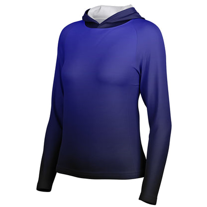Blue & Black Gradient Women's Long Sleeve Hooded Performance Shirt