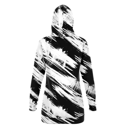 Fashion Longline Hoodie - #high-contrast#dynamic#graphic-design#expressive#gestural-abstraction#grunge#abstract#texture#black-and-white#brush-strokes
