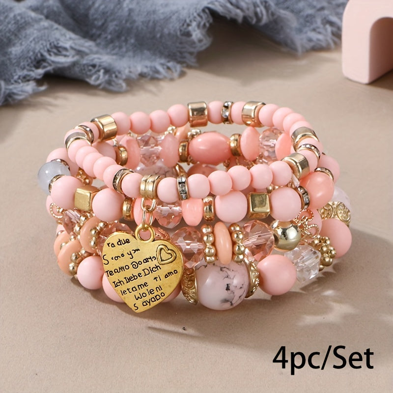 Bohemian Multilayer Bead Bracelet Peach Heart Pendant Vintage Couple Bracelet Handmade, Father's Day Gift
