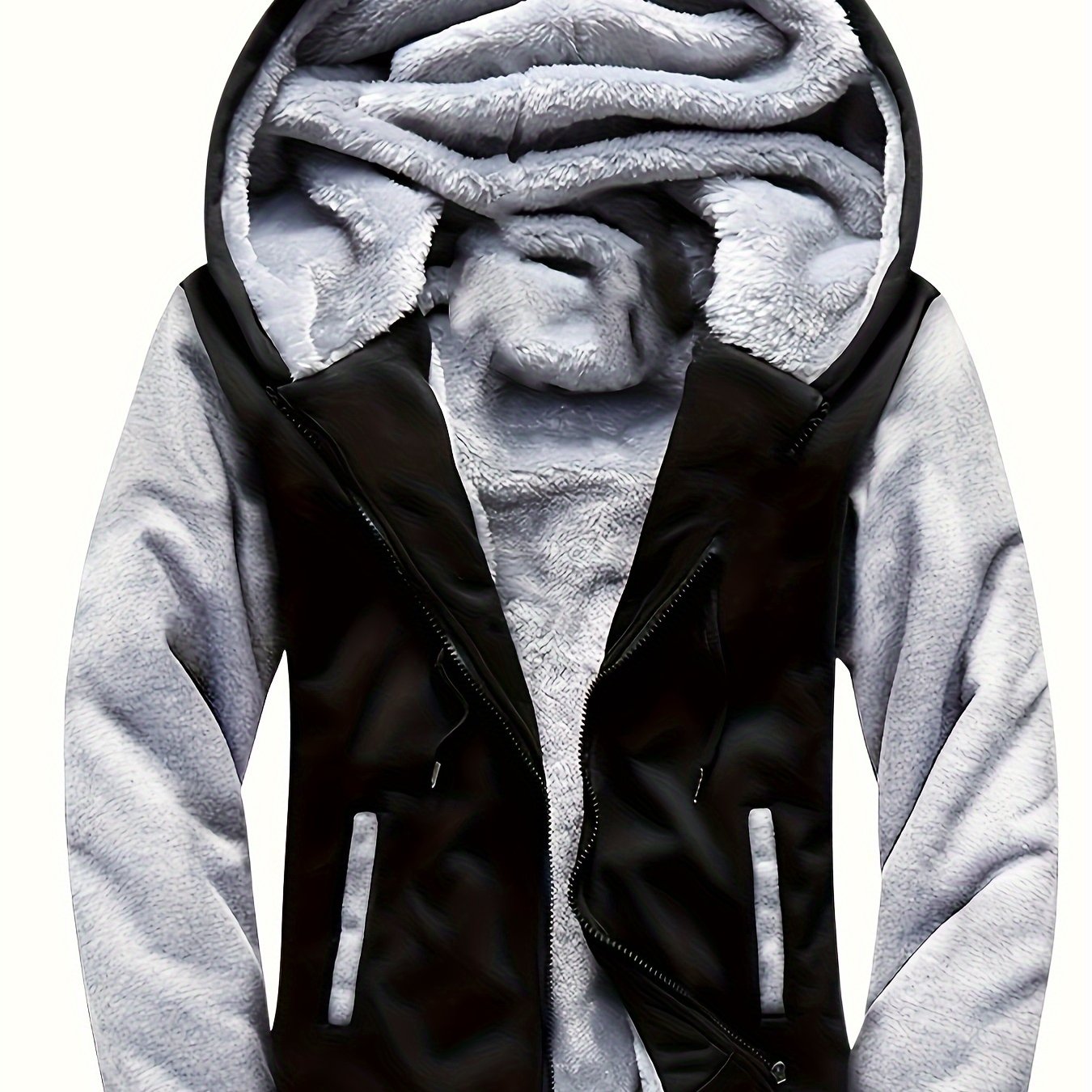 Men's Winter Hoodie: Contrast Colors Fleece Jacket, Cotton Blend, Warm, Comfortable, Versatile for Street Outdoor Activities