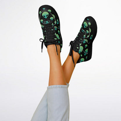 Core Top Shoes, Alien Skull Sneakers, Green & Blue Skull Low Tops, Unique Sci-Fi Streetwear Custom Design