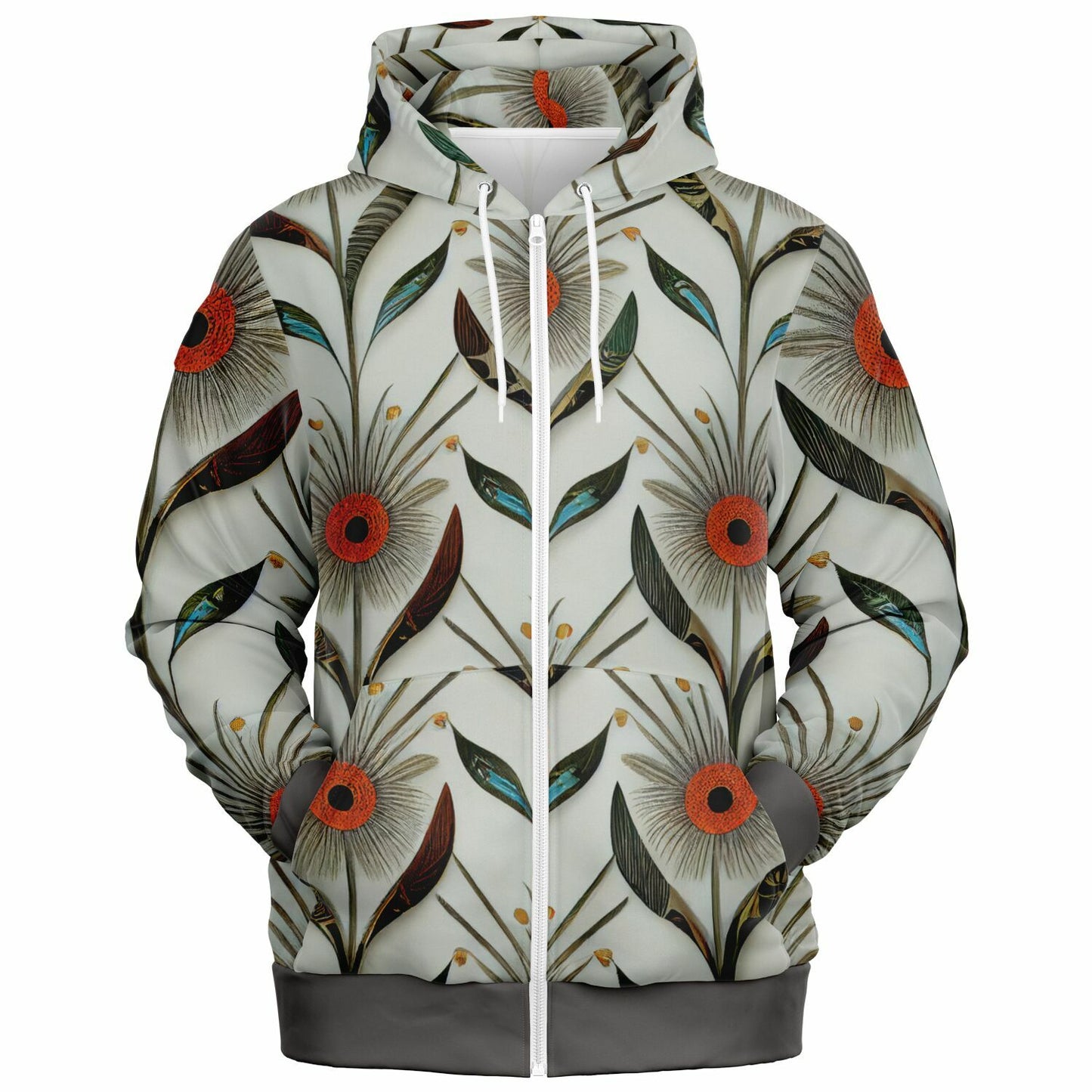 Gray Floral Athletic Zip-Up Hoodie – Unique One-of-a-Kind Women’s & Men’s Activewear Jacket