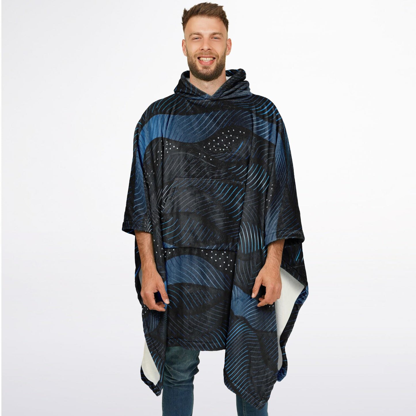 Flannel Blanket Poncho – Abstract Blue Wave Art, Modern Cozy Wrap with Flow & Depth