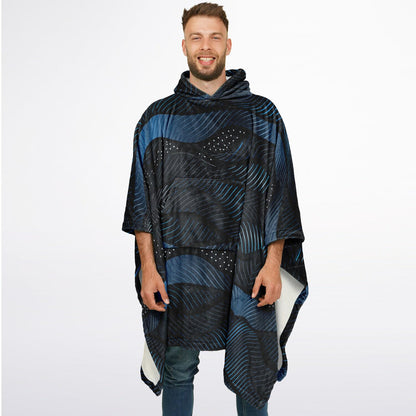 Flannel Blanket Poncho – Abstract Blue Wave Art, Modern Cozy Wrap with Flow & Depth