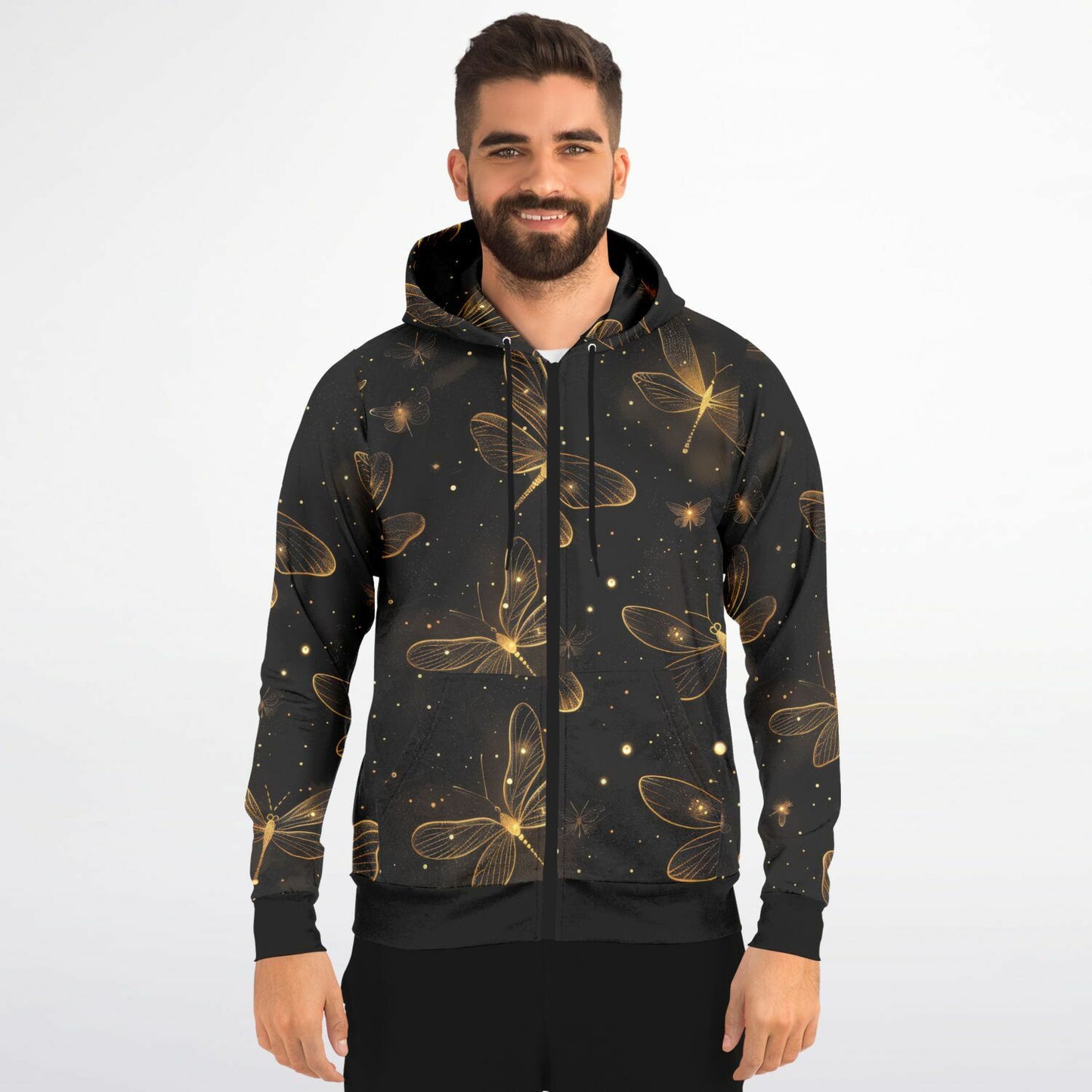 Golden Dragonfly Zip-Up Hoodie – Shimmering Night Sky All Over Print with Magical Ethereal Design | One of a Kind | Unique