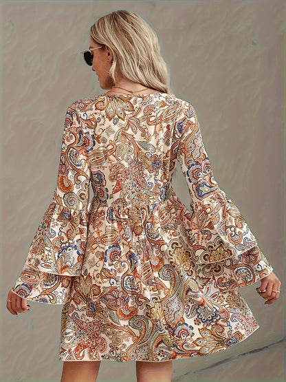 Vibrant Paisley Print Tiered Flared Sleeve A-Line Dress - Bohemian Chic, V-Neck, Flowy, Spring & Fall Essential - Women's Fashionable Clothing for Everyday Wear