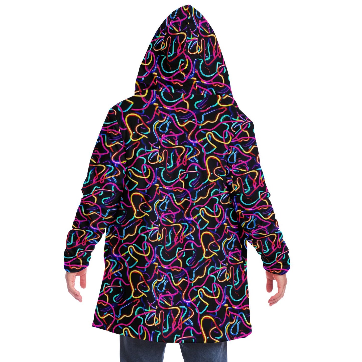 Microfleece Cloak – Neon Abstract Hooded Wrap, Glowing Digital Art Lines