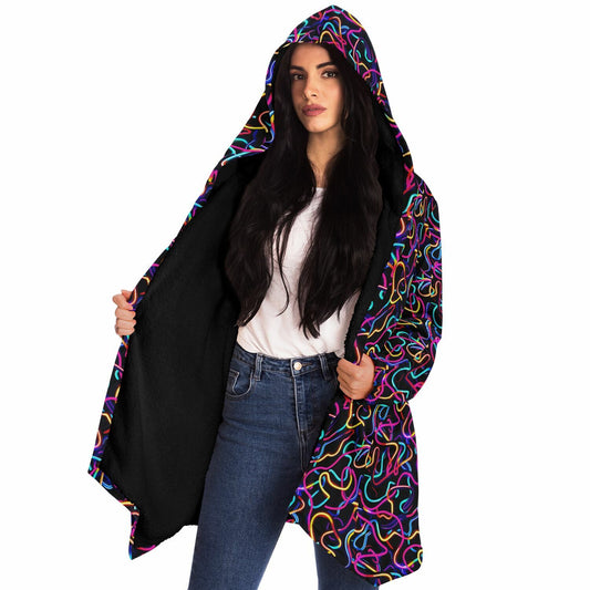 Microfleece Cloak – Neon Abstract Hooded Wrap, Glowing Digital Art Lines
