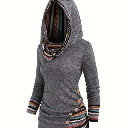 Stripe Splicing Button Decor Hoodie, Casual Long Sleeve Hoodie, Women's Clothing