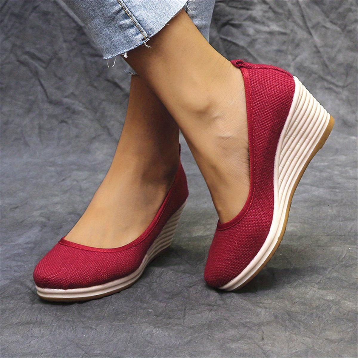 Bohemian Wedge Heel  Bohemian Breathable Fabric Wedge Heel Shoes | Women's Black & Natural Jute Mid-Heel Platform, TPR Sole for Autumn Casual & Semi-Formal Wear