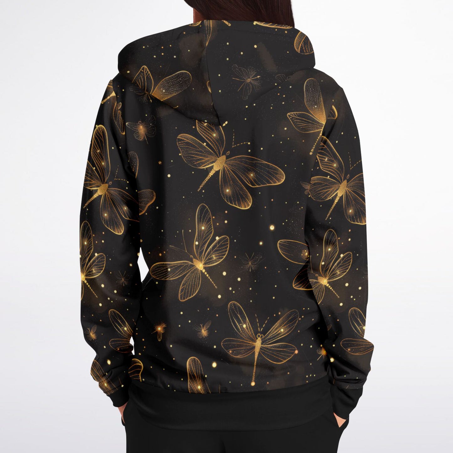 Golden Dragonfly Zip-Up Hoodie – Shimmering Night Sky All Over Print with Magical Ethereal Design | One of a Kind | Unique