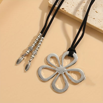 A Vintage Bohemian Hollowed-out Flower Collarbone Chain Leather Rope Y-shaped Collar Fashion Simple Beach Golden Necklace