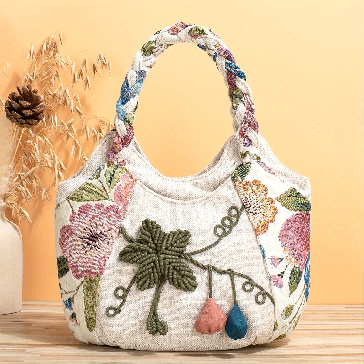 Bohemian Style Handmade Flower Tote Bag - Foldable, Zipper Closure, Fixed Shoulder Strap, Wristlet Included, Perfect for Vacation