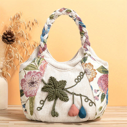 Bohemian Style Handmade Flower Tote Bag - Foldable, Zipper Closure, Fixed Shoulder Strap, Wristlet Included, Perfect for Vacation