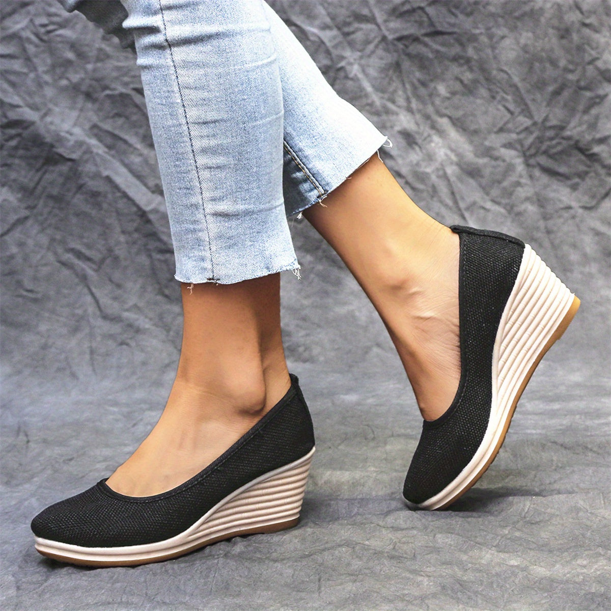 Bohemian Wedge Heel  Bohemian Breathable Fabric Wedge Heel Shoes | Women's Black & Natural Jute Mid-Heel Platform, TPR Sole for Autumn Casual & Semi-Formal Wear