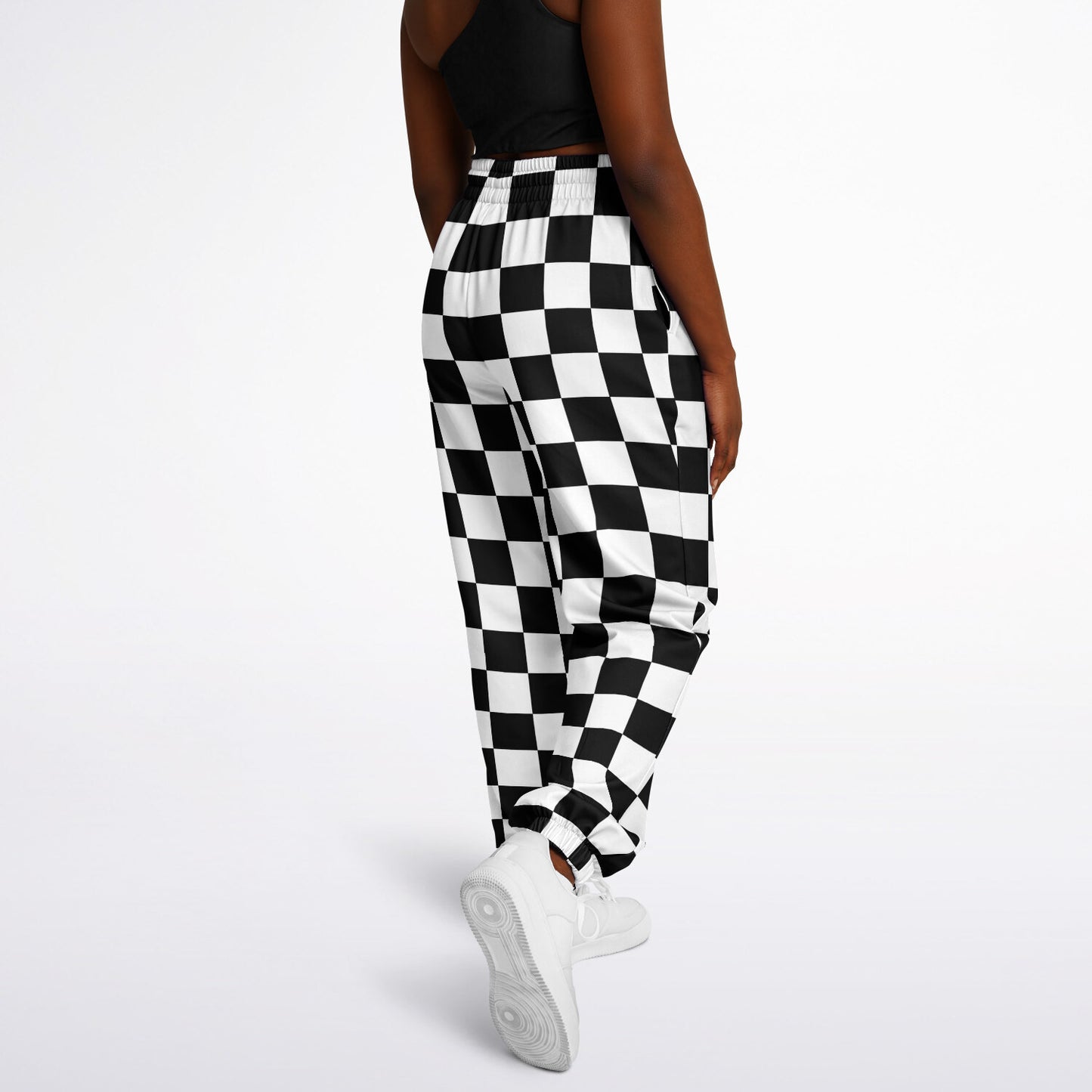 Black White Checkered Women's Track Pants, Eco-Friendly Check Straight Leg Quick Dry Festival Elastic Waist Windbreaker Tracksuit