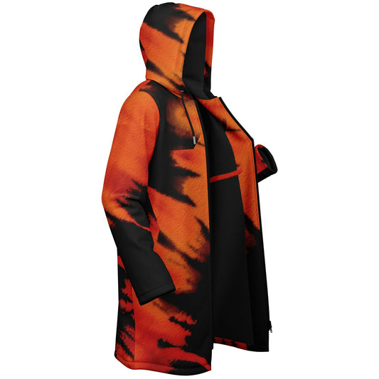 Black & Orange Bengal Tiger Zipper Cloak, Warm Animal Print Hooded Cape, Stylish Tiger Stripe Outerwear