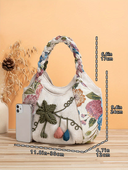 Bohemian Style Handmade Flower Tote Bag, Foldable, Zipper Closure, Fixed Shoulder Strap, with Wristlet, for Vacation