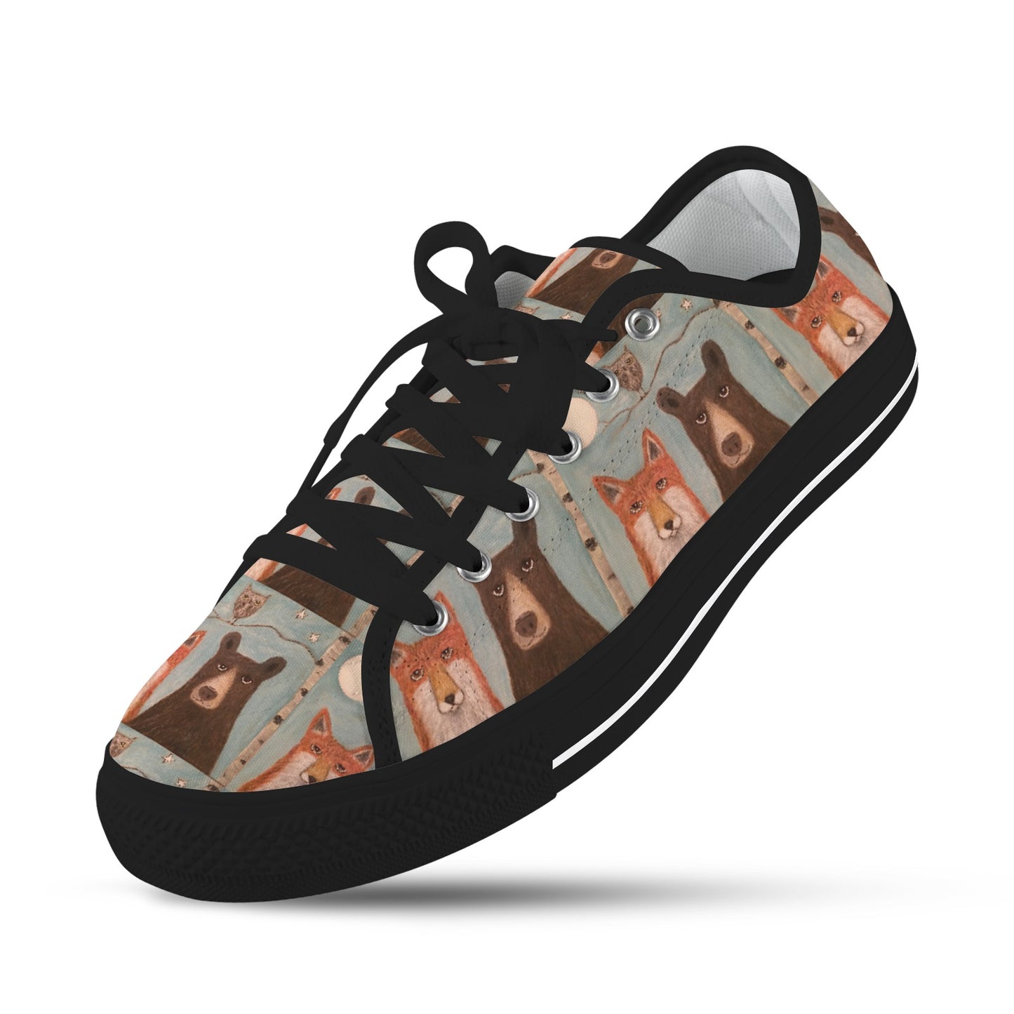 Whimsical Bear & Fox Women’s Low Top Sneakers – Woodland Magic 🦊🐻