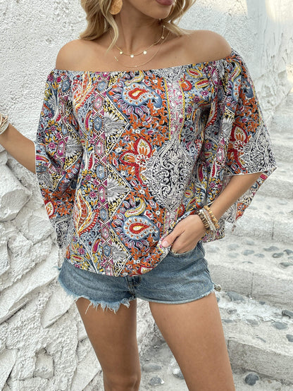 Bohemian Paisley Off-Shoulder Blouse - Lightweight with Statement Flare Sleeves - Perfect for Spring & Summer Outings