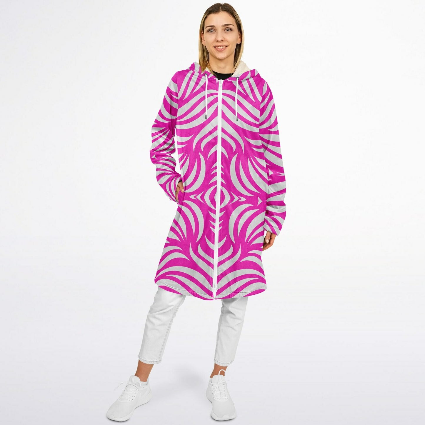 Hot Pink & White Boho Swirl Hooded Zipper Cloak Wrap | Festival Cloak with Abstract Boho Design